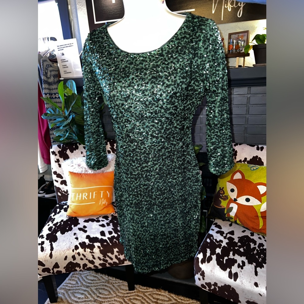 Express 4 Green Sequins Open Back Quarter Sleeve Dress